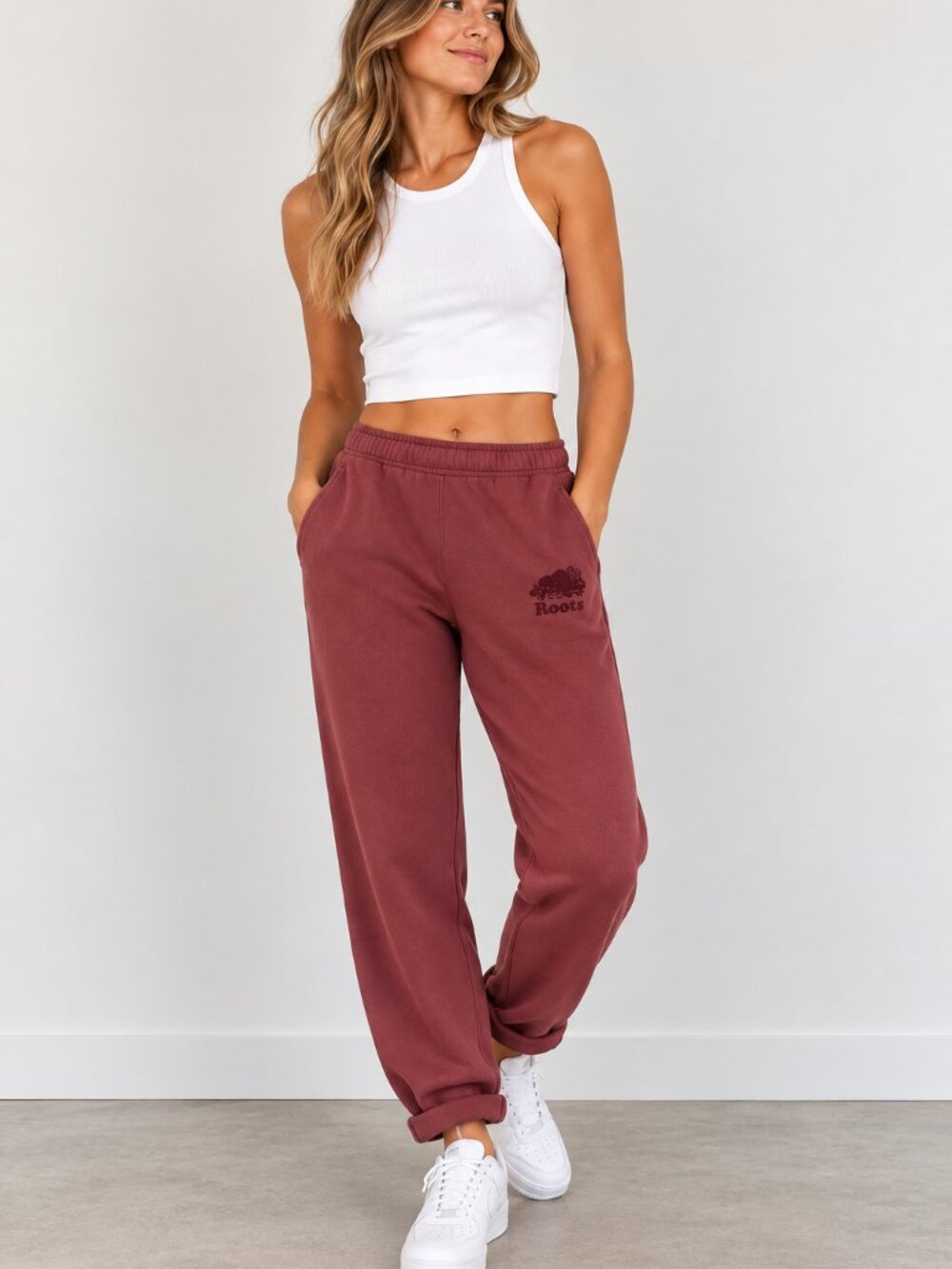 Roots Burgundy Red Slim Fit Jogger Sweatpants Logo Casual Lounge Pants
